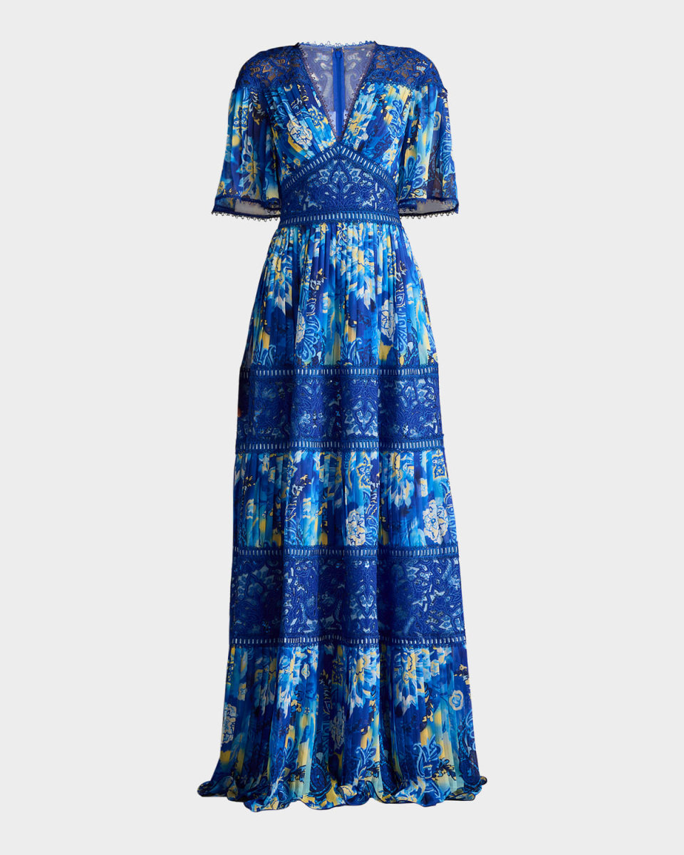 Tiered Lace-Trim Pleated Chiffon Gown